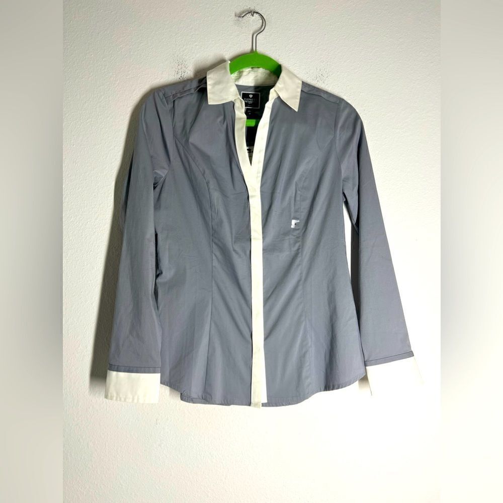 Express Essential Shirt S/P Grey Longsleeve Button-up Blouse W White Trim